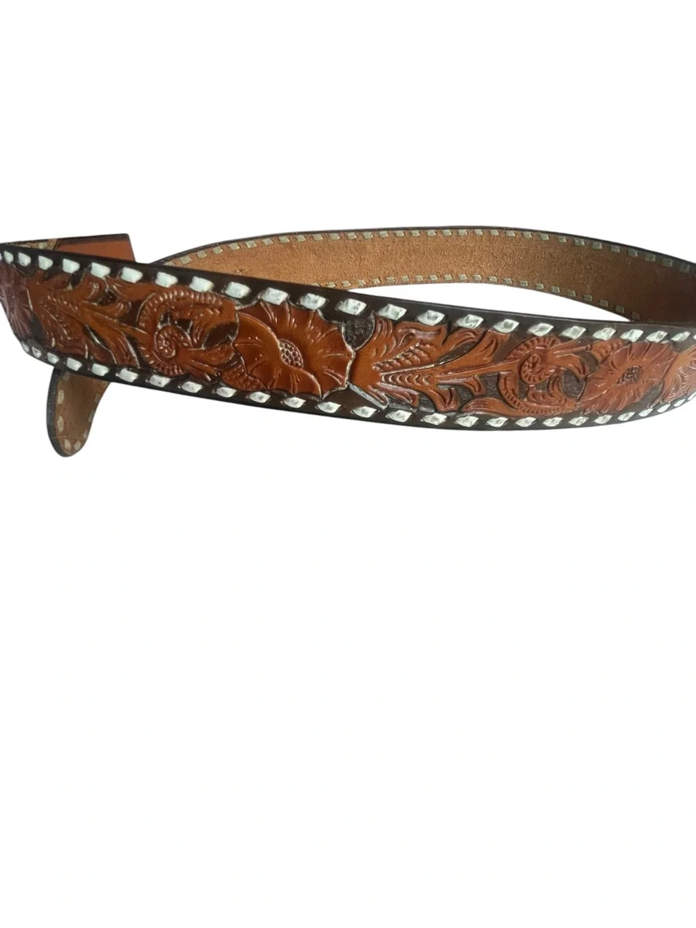 Tooled Floral Leather Belt in Brown with Silver Accents